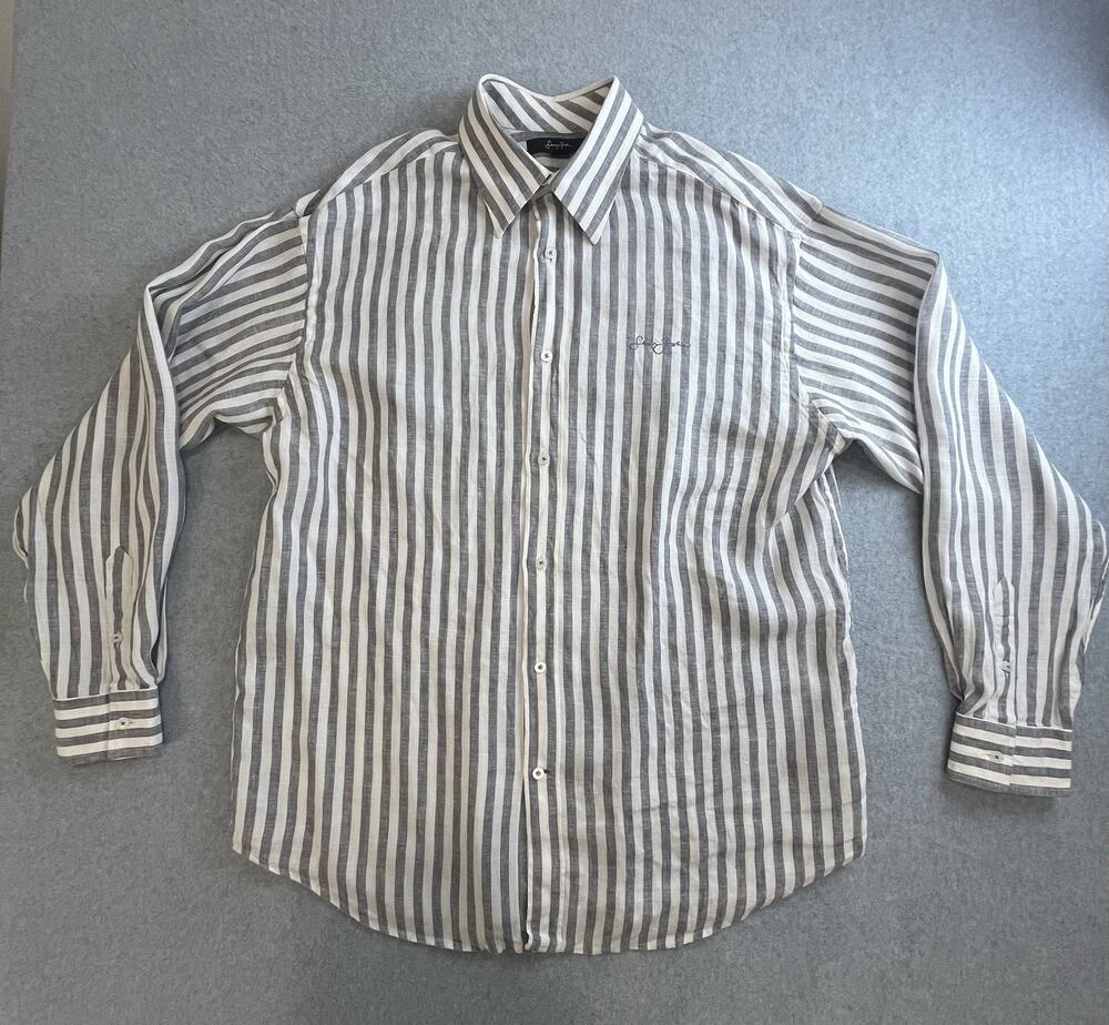 SEAN JOHN 100% Linen L/S Button Down Shirt Gray and White Stripe SZ XL